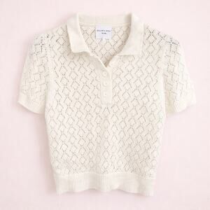 Willow & Wind Cottagecore Pointelle Knit Sweater Cream Polo Top Size M Preppy